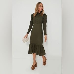 Hyacinth House Regina Ruffle Midi Dress Olive Green XS